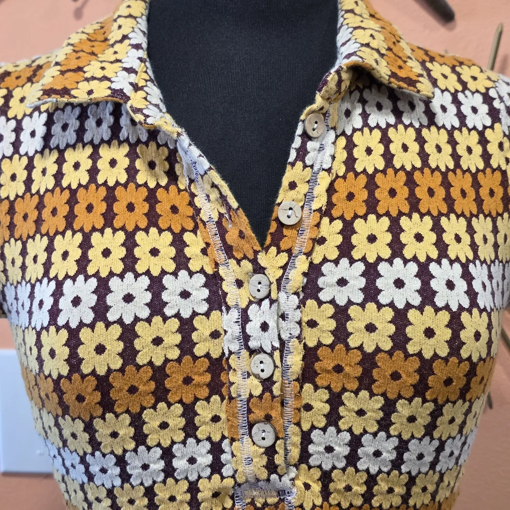 Free People Babe Town Tee Daisy Crop Polo Brown Combo Hippie Summer Girlie